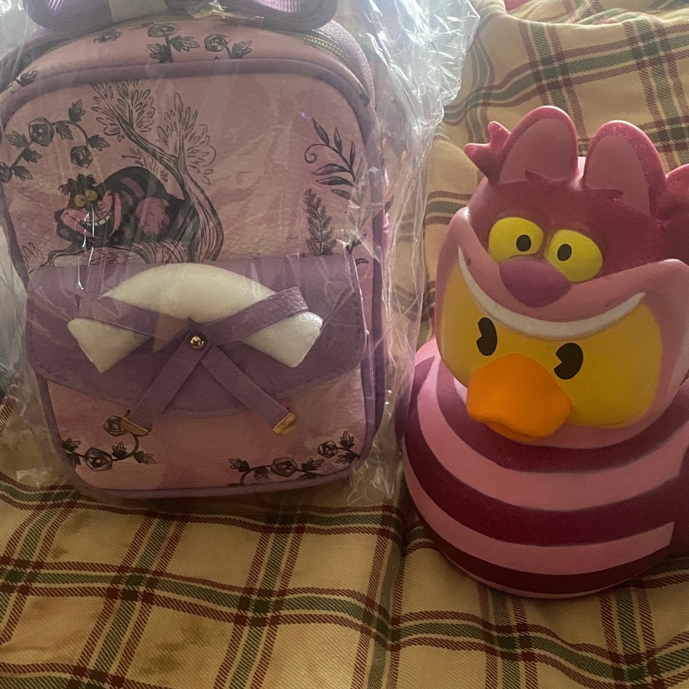 WondaPop Cheshire Cat Purple Backpack with Bow and Floral Design and Duck